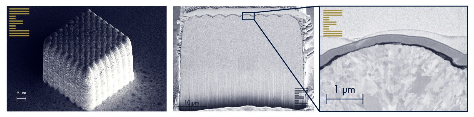 FIB cross section of a microscale metal object 3D printed with Exaddon's CERES system, showing excellent material density