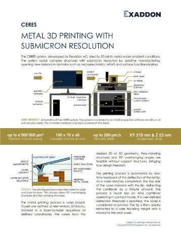 Exaddon CERES datasheet - metal 3D printing with submicron resolution
