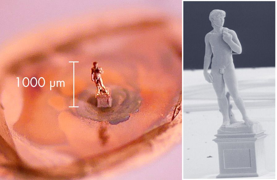 A 1000 µm tall replica of Michelangelo's David, 3D printed in pure copper by Exaddon.