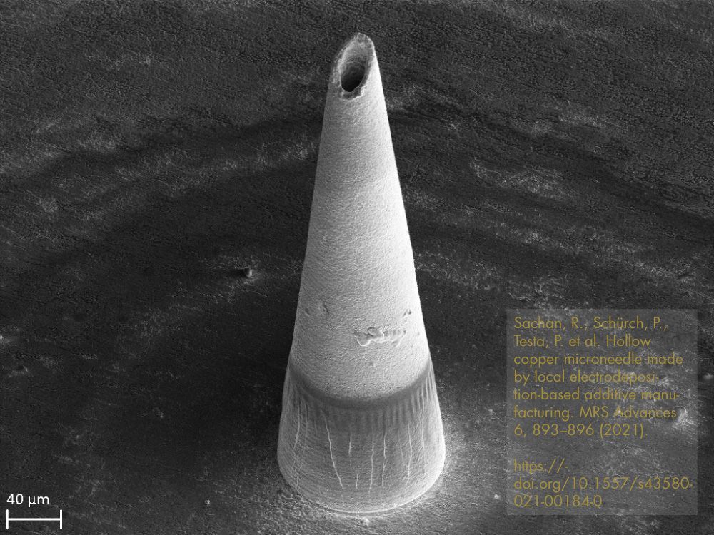 A hollow copper microneedle 3D printed with Exaddon's CERES system, intended for drug delivery of vaccines.