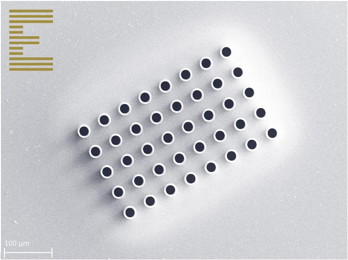 A demo array of 3D printed metal microneedles for drug delivery, manufactured by Exaddon.