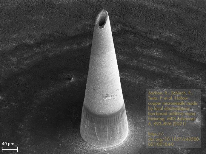 Scanning electron micrograph of a hollow copper microneedle taken at a 45° angle tilt