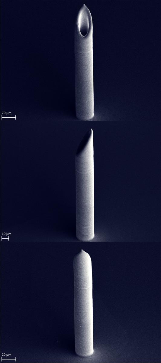 A hollow metal microneedle additively manufactured with Exaddon's CERES technology.