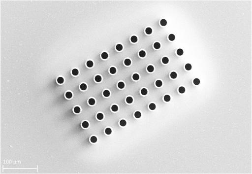 An array of 3D printed metal microneedles for drug delivery of vaccines, printed by Exaddon