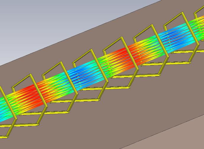 Illustration showing how micrscale 3D printed helices can be used for boosting signal strength in mmWave devices.