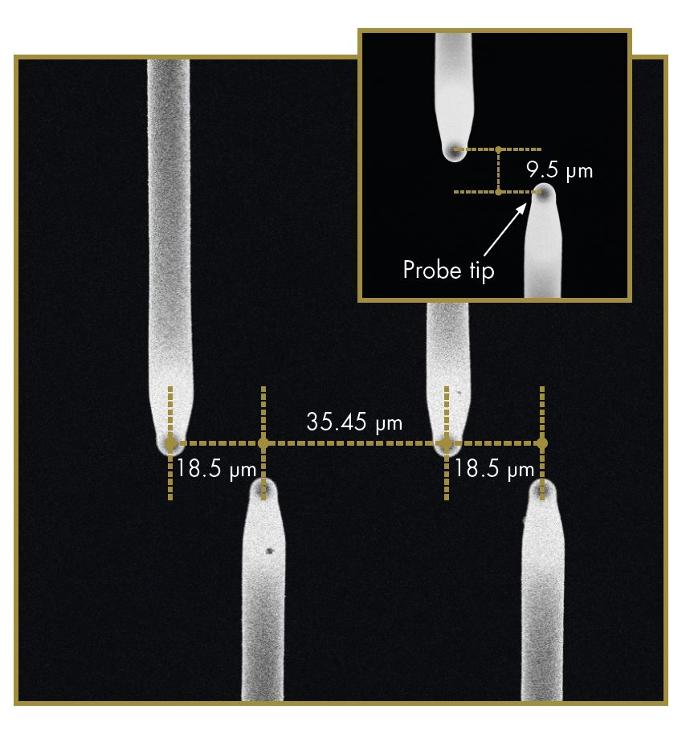 SEM image showing the x and y pitch of Exaddon's 3D printed probes, measuring just 18.5 μm in x direction. 