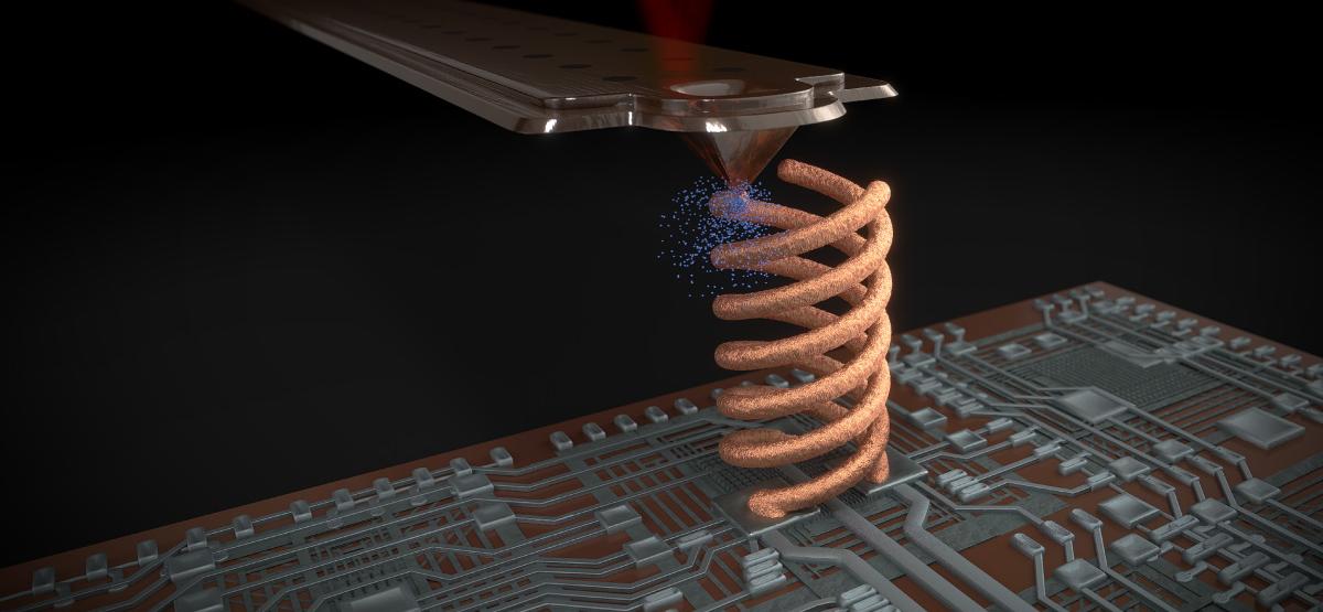 Rendered image of Exaddon's printing tip, printing a coil structure on a micro PCB