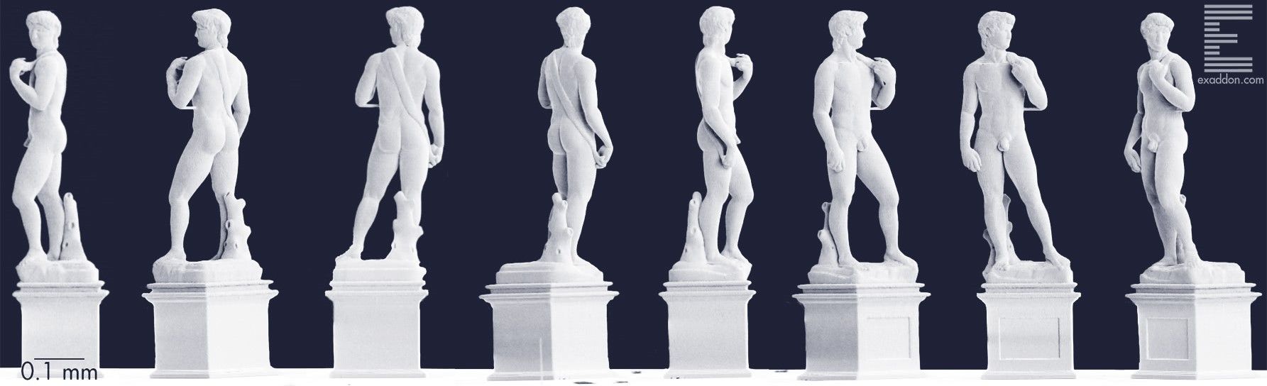 Multiple views of Michelangelo's David 3D printed in microscale, produced by Exaddon